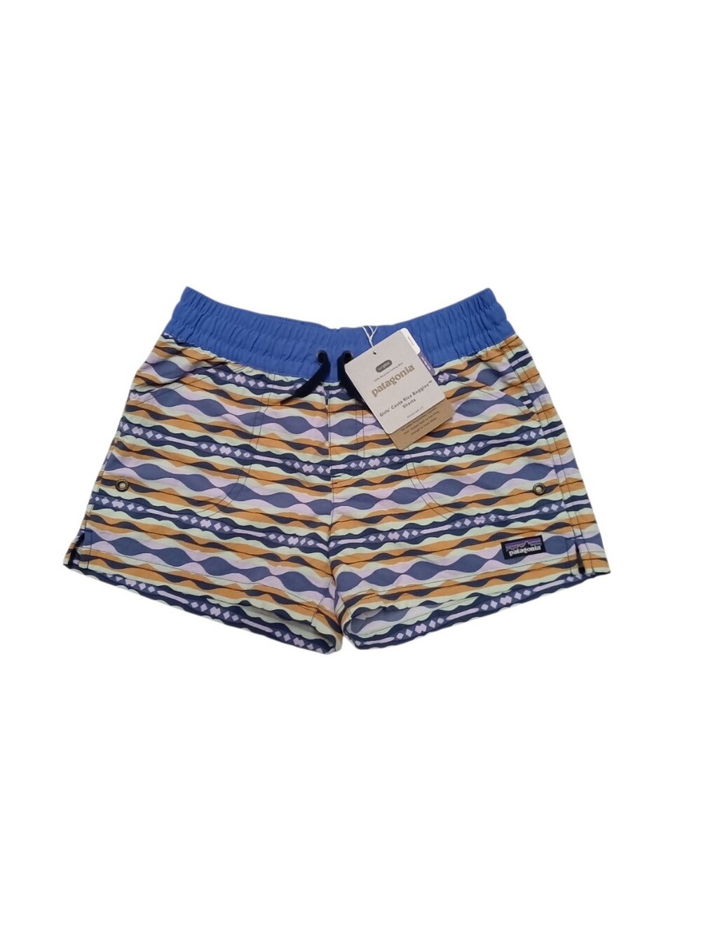 Patagonia Girls' Costa Rica Baggies Shorts NWT Size L Blue Geometric Wave Print